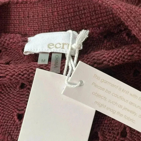 Ecru Style Size M Burgundy Fancy Stitch V Neck Cardigan Sweater Open Weave NEW - Picture 7 of 11